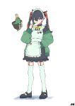  1girl alternate_costume apron artist_name black_hair candy carmine_(pokemon) commentary_request dress food frilled_apron frills full_body garter_straps green_jacket hair_between_eyes hand_in_pocket headdress highres jacket lollipop long_sleeves ora_(oraora_oekaki) poke_ball_print pokemon pokemon_(creature) pokemon_sv shoes sinistcha standing thighhighs twintails white_background yellow_eyes 