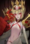 1girl bikini blonde_hair criss-cross_halter crown dragon_claw elbow_gloves facial_mark fate/grand_order fate_(series) flat_chest gloves hair_intakes halterneck highres looking_at_viewer mord_roku0131 navel nero_claudius_(fate) pointy_ears queen_draco_(fate) queen_draco_(second_ascension)_(fate) red_bikini red_eyes scales solo swimsuit white_gemstone 