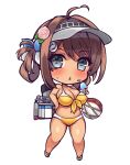  1girl ahoge akikaze_tsumuji bikini breasts brown_hair chibi chougei_(kancolle) cleavage drink front-tie_bikini_top front-tie_top full_body grey_eyes hair_rings kantai_collection large_breasts long_hair looking_at_viewer machinery navel official_alternate_costume solo swimsuit tan visor_cap yellow_bikini 