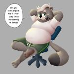 1:1 anthro barefoot belly bottomwear canid canine clothed clothing digital_media_(artwork) english_text eyewear facial_hair feet glasses hair hi_res humanoid_feet looking_at_viewer male mammal mature_male moobs mr._ishizaki mustache navel nipples overweight overweight_anthro overweight_male plantigrade raccoon_dog shorts sibluself simple_background solo tanuki text topwear