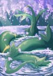 absurdres animal animal_focus back cherry_blossoms colored_skin green_skin highres in_water lake no_humans ohayou_milk outdoors pokemon pokemon_(creature) red_eyes serperior snake swimming tail tree water 