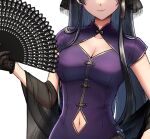  1girl adapted_costume black_gloves black_hair black_veil breasts china_dress chinese_clothes cleavage cleavage_cutout closed_mouth clothing_cutout collarbone commentary_request dress gloves hand_fan happy holding holding_fan kageharu long_hair navel navel_cutout short_sleeves sidelocks simple_background smile solo touhou veil very_long_hair white_background yomotsu_hisami 