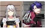  1boy 1girl barbie_mugshot_(meme) black_gloves character_name gloves green_eyes grey_hair hair_over_one_eye highres honkai:_star_rail honkai_(series) meme mugshot open_mouth parody purple_hair sampo_koski short_hair smile sparkle stelle_(honkai:_star_rail) sweat trailblazer_(honkai:_star_rail) verkyzen yellow_eyes 