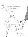  1boy doppel_(bonnypir) from_behind korean_text male_focus original priest sketch solo_focus speech_bubble walking_away 