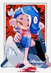  1girl aluy01 blood blood_on_face blood_on_hands blue_hair blue_shawl cephalopod_eyes earrings english_text highres jewelry looking_at_viewer multiple_earrings octoling red_eyes shark shawl shiver_(splatoon) solo splatoon_(series) splatoon_3 suction_cups teeth tentacle_hair tooth_earrings 