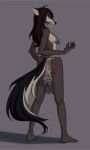 13hyun13 anthro black_hair bottomwear bra breasts butt canid canine claws clothing colored fangs feet female fox fur hair hi_res looking_at_viewer mammal nails rear_view red_eyes side_boob skirt solo standing tail teeth the_sake_ninja torn_clothing true_fox underwear