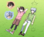  2boys arms_behind_head arms_up blue_hair brown_shorts closed_mouth collared_shirt commentary_request full_body grass green_background green_eyes green_sweater_vest hughie_(pretty_series) ibuki_touma leggings long_sleeves lying male_focus moshao_(sarada1717) multicolored_hair multiple_boys on_back on_grass pants pink_footwear pink_hair pink_shirt pretty_series shirt shoes short_hair shorts smile sneakers streaked_hair sweater_vest waccha_primagi! white_pants 