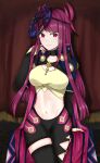  1girl absurdres asymmetrical_pants black_choker black_pants black_thighhighs breasts choker collarbone commentary_request cowboy_shot crop_top curtains facial_mark fire_emblem fire_emblem_engage hand_up highres ivy_(fire_emblem) large_breasts leggings long_hair long_sleeves looking_at_viewer midriff navel otokajife pants purple_eyes purple_hair sage_outfit_(fire_emblem_engage) shirt shrug_(clothing) single_thighhigh solo standing stomach thighhighs thighs very_long_hair yellow_shirt 