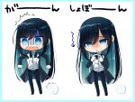  1girl ado_(utaite) belt belt_buckle black_belt black_bow black_bowtie black_coat black_hair black_pants blue_border blue_eyes blue_flower blue_hair blue_rose blush border bow bowtie buckle chando_(ado) chibi closed_mouth cloud_nine_inc coat colored_inner_hair commentary_request dress_shirt flower flower_brooch gloves index_fingers_together long_hair long_sleeves mole mole_under_eye multicolored_hair multiple_views nervous_sweating open_clothes open_coat open_mouth outside_border pants rose shirt shoko_(gs_music11) sidelocks standing sweat tearing_up translation_request utaite very_long_hair wavy_mouth white_background white_gloves white_shirt 