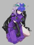  1girl black_footwear black_gloves black_hair boots breasts chamaruk dress elbow_gloves flower flower_on_head gloves grey_background long_hair looking_at_viewer pinky_out puffy_short_sleeves puffy_sleeves purple_dress short_sleeves solo touhou yomotsu_hisami 