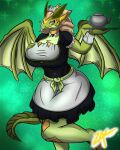 absurd_res anthro big_breasts blonde_hair breasts clothing dragon female green_body hair hi_res horn maid_marian maid_uniform mythological_creature mythological_scalie mythology orange_eyes scalie solo tail uniform wings zak_hitsuji