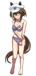  1girl absurdres alternate_costume animal_ears barefoot bikini blush breasts cheval_grand_(umamusume) cleavage closed_mouth collarbone color_neko_(user_yfvc3323) hair_between_eyes hat highres horse_ears horse_girl looking_at_viewer medium_breasts simple_background solo standing swimsuit umamusume white_background 