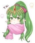  1girl :&lt; character_name closed_mouth commentary commentary_request eyelashes fire_emblem fire_emblem:_mystery_of_the_emblem green_eyes green_hair high_ponytail highres long_hair otokajife pink_scarf pointy_ears scarf simple_background solo tiara tiki_(fire_emblem) tiki_(young)_(fire_emblem) upper_body white_background 