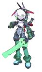  armor bright_pupils cheri_zao full_body green_eyes green_hair headgear highres holding holding_sword holding_weapon joints multicolored_hair original ringed_eyes robot_girl robot_joints short_hair simple_background sword two-tone_hair weapon white_background white_hair white_pupils 