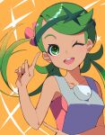  1girl ;d commentary_request eyelashes green_eyes green_hair grey_overalls hand_up headband highres index_finger_raised kanimaru long_hair mallow_(pokemon) one_eye_closed open_mouth orange_background overalls pink_shirt pokemon pokemon_sm shirt smile solo swept_bangs teeth twintails upper_body upper_teeth_only 