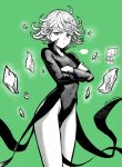  1boy 1girl absurdres bald cape covered_navel crossed_arms dress floating_rock green_eyes greyscale_with_colored_background highres mr.thunderigor one-punch_man saitama_(one-punch_man) short_hair solo_focus tatsumaki 