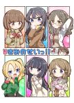  1boy 6+girls :d absurdres azusagawa_kaede azusagawa_sakuta between_legs black_hair black_pants blazer blonde_hair blue_eyes blush bow braid breath brown_cardigan brown_coat brown_eyes brown_hair brown_jacket cardigan closed_mouth coat collared_shirt commentary_request fringe_trim fur-trimmed_hood fur_trim futaba_rio glasses green_hoodie hair_ornament hairclip hand_between_legs hand_up highres holding hood hood_down hooded_coat hoodie jacket jako_(jakoo21) koga_tomoe lab_coat long_hair makinohara_shouko mouth_hold multiple_girls necktie open_clothes open_coat open_jacket pants red_bow red_necktie red_scrunchie sakurajima_mai scarf scrunchie seishun_buta_yarou shirt side_ponytail smile sweater_vest toyohama_nodoka translation_request v very_long_hair white_shirt wrist_scrunchie yellow_scarf 