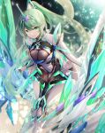  1girl armor armored_bodysuit black_bodysuit bodysuit breasts chest_jewel closed_mouth commentary_request core_crystal_(xenoblade) earrings gloves green_eyes green_hair highres jewelry large_breasts long_hair looking_at_viewer pneuma_(xenoblade) ponytail smile solo swept_bangs tiara ui_frara very_long_hair white_armor white_gloves xenoblade_chronicles_(series) xenoblade_chronicles_2 