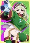  1girl araga_kiwi black_panties boots cowboy_shot double_bun empty_eyes garter_straps gloves green_footwear green_gloves green_hair green_hat green_jacket gun hair_bun hat highres holding holding_gun holding_weapon jacket kaisendonburi leaning_forward leoparde_(mahou_shoujo_ni_akogarete) looking_at_viewer magical_girl mahou_shoujo_ni_akogarete medium_hair military_hat military_jacket mole mole_under_eye navel no_pants open_mouth panties pointing pointing_at_viewer silhouette smile solo standing string_panties thigh_boots twitter_username underwear very_long_sleeves weapon 