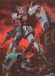  1980s_(style) after_battle beam_rifle cable damaged energy_gun gundam gundam_mk_ii ito_hideaki machinery mecha mobile_suit no_humans official_art painting_(medium) promotional_art retro_artstyle rick_dias robot ruins scan science_fiction shield sparks traditional_media v-fin weapon zeta_gundam 