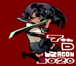  1girl 7th_dragon_(series) 7th_dragon_2020 absurdres asymmetrical_legwear black_hair brown_eyes floating_hair full_body gloves highres himukai_yuuji holding holding_sword holding_weapon katana katanako long_hair looking_at_viewer mismatched_legwear red_background red_thighhighs samurai_(7th_dragon_series) school_uniform serafuku serious single_glove skirt solo striped_clothes striped_thighhighs sword thighhighs weapon zettai_ryouiki 