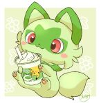  animal_focus closed_mouth cup drinking_straw food green_fur highres holding holding_cup ice_cream mimix no_humans pawpads pikachu pokemon pokemon_(creature) red_eyes signature simple_background sitting sprigatito tail two-tone_fur 