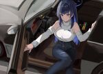  1girl absurdres black_hair blue_eyes blue_hair blue_pants car_door car_interior colored_inner_hair high-waist_pants highres hololive hololive_english long_hair looking_at_viewer multicolored_hair official_alternate_costume open_door ouro_kronii ouro_kronii_(casual) pants shirt smile solo torn_clothes torn_pants turtleneck turtleneck_shirt virtual_youtuber white_shirt yato_(yama0x1) 