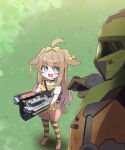  ! 1boy 1girl absurdres ahoge animal_ears bell bfg_9000 blue_eyes blush_stickers bow brown_hair butter_(trickcal) child choker crossover dog_ears dog_girl dog_tail doom_(2016) doom_(series) doomguy energy_gun fang gloves hair_bow helmet highres huge_weapon jingle_bell long_hair neck_bell open_mouth pantyhose pink_footwear pink_shorts pointing praetor_suit ribbon shirt shoes short_sleeves shorts size_difference smile space_marine striped_clothes striped_pantyhose tail trickcal weapon white_shirt yellow_shirt zayuex1a 