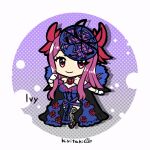  1girl chibi fascinator fire_emblem fire_emblem_engage fishnet_thighhighs fishnets flower flower_brooch ivy_(fire_emblem) kiritaki mole purple_eyes purple_hair rose see-through_headwear spiked thighhighs thorn_print 