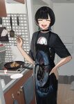  1girl :d ^_^ absurdres apron black_choker black_hair blue_hair choker chopsticks closed_eyes commentary_request cooking cutting_board douryou_(buta5813) fangs frying_pan hand_on_own_hip highres indoors kitchen ladle multicolored_hair original smile solo spatula stove tamagoyaki_pan tetto_(onnoveltet) two-tone_hair wolf_cut 