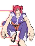  beads belt blank_eyes blank_stare feet fingernails hair_beads hair_ornament highres medium_hair nail_polish non-web_source onozuka_komachi outstretched_arms patterned_clothing phantasmagoria_of_flower_view ponytail red_eyes red_hair sandals sitting spread_legs squinting touhou vest 