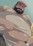  1boy bara baseball_cap beard big_belly connected_beard cowboy_shot doburoku_(fzfngarvubqpamf) facial_hair fat fat_man finger_under_clothes foreshortening from_below full_beard hairy hat highres huge_pectorals looking_at_viewer looking_down male_focus male_underwear male_underwear_peek mature_male meme midriff_peek nipple_slip nipples open_fly original pectoral_cleavage pectoral_focus pectorals photo-referenced short_hair sideburns_stubble sidepec solo sparse_arm_hair sparse_chest_hair sparse_navel_hair stubble tank_top thick_beard thick_eyebrows underwear white_male_underwear white_tank_top yur_oc_like_this_(meme) 