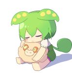  1girl :3 animal barefoot blush_stickers closed_eyes closed_mouth commentary_request green_hair green_shorts hair_between_eyes highres holding holding_animal konohoshi leaning_on_animal long_hair low_ponytail ponytail puffy_short_sleeves puffy_sleeves shadow sheep shirt short_sleeves shorts simple_background sitting sleeping solo voicevox white_background white_shirt zundamon 