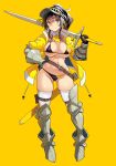  1girl armor bikini blush breasts brown_hair cleavage full_body helmet highres jacket kekemotsu large_breasts long_hair long_sleeves looking_at_viewer navel original ponytail sidelocks smile solo swimsuit sword weapon yellow_eyes yellow_jacket 