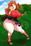 absurd_res anthro armwear big_breasts bottomwear breasts brown_hair caviid clothed clothing dancing eyes_closed female genitals guinea_pig hair hi_res kussi_(ruddyrzaq) mammal n-kosi no_underwear outside peru pussy rodent shirt skirt solo thick_thighs topwear wide_hips