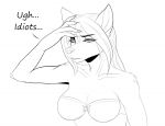 anthro black_and_white bra breasts canid canine claws clothing collarbone dainerissindra female fox fur hand_on_head looking_at_viewer mammal monochrome nails sigh sketch solo text the_sake_ninja true_fox underwear