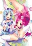  blue_choker blue_eyes blue_hair blue_skirt bow choker cure_blossom cure_marine hanasaki_tsubomi heartcatch_precure! kurumi_erika long_hair magical_girl multiple_girls otabe_sakura panties pink_bow pink_eyes pink_hair ponytail precure side-tie_panties skirt smile striped striped_panties thighhighs underwear very_long_hair white_legwear yuri 