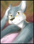  2017 abstract_background anthro canine fur gloves_(marking) hand_on_head headshot_portrait inner_ear_fluff looking_at_viewer mammal markings mei_(tree-san) multicolored_fur portrait smile solo two_tone_fur wolf yellow_eyes zannah 