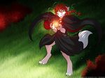  anthro barefoot braided_hair canine cape clothed clothing digitigrade ears_back female fur grass green_eyes grin hair keidran magic magic_user mammal red_hair robes roselyn_(twokinds) smile solo tom_fischbach twokinds white_fur wolf 
