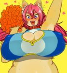  &lt;3 anthro armpits big_breasts blue_eyes breasts cheerleader cleavage clothed clothing collar feline female hair hi_res huge_breasts inner_ear_fluff kemono looking_at_viewer mammal nipple_bulge open_mouth pink_hair pom_poms simple_background solo sweat tight_clothing toco_(artist) yellow_background 