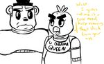  2015 animatronic anthro avian bear bib bird chica_(fnaf) chicken dialogue duo english_text female five_nights_at_freddy&#039;s freddy_(fnaf) frown hat inkyfrog machine male mammal restricted_palette robot simple_background text top_hat video_games white_background 
