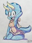  2017 alpha_channel anthro bare_back blush breasts clothed clothing cute dinosaur female hi_res jurassiczalar looking_at_viewer mammal mostly_nude navel non-mammal_breasts scalie side_boob simple_background solo sweater toony traditional_media_(artwork) trixie_triceratops virgin_killer_sweater 
