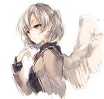  bangs blush closed_mouth commentary_request expressionless from_side half-closed_eyes half_updo hisona_(suaritesumi) jacket kishin_sagume long_sleeves looking_away open_clothes open_jacket red_eyes short_hair silver_hair single_wing solo touhou upper_body white_wings wings 