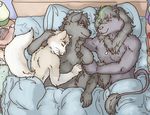  anthro bed canine cat cuddling digital_media_(artwork) evan_housecat eyes_closed feline group lavilovi lion lying male male/male mammal nipples on_bed pillow sleeping smile wolf 