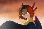  anthro black_feathers brown_hair dragon eyelashes feathered_wings feathers gradient_background hair jay-kuro looking_back simple_background wings yellow_eyes 
