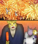  amazement cat clothing cotton_candy feline festival fireworks food gazing hot_dog japanese_clothing kimono male male/male mammal mask morenatsu shin_(morenatsu) tiger torahiko_(morenatsu) wonder 