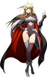  1girl armor asymmetrical_legwear bangs black_cape blonde_hair bra breasts brown_eyes brown_leotard cape cleavage closed_mouth collarbone frown full_body grey_bra grey_footwear grey_legwear hair_between_eyes hand_on_hip highleg highleg_leotard highres langrisser langrisser_ii large_breasts leotard long_hair looking_at_viewer midriff navel official_art purple_legwear rana_(langrisser) shiny shiny_skin shoulder_armor single_thighhigh solo standing stomach thigh_gap thighhighs transparent_background turtleneck_leotard underwear 