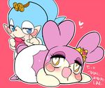  &lt;3 &lt;3_eyes anthro blue_eyes blue_fur blush clothing cocotama crown duo fangs female female/female fur hairband half-closed_eyes hi_res himitsu_no_cocotama japanese_text kemonagari kirarise_(cocotama) lips open_mouth osyaki_(cocotama) panties purple_fur red_eyes saliva simple_background sweat text tiara tongue tongue_out underwear 