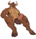  2017 abs anthro armpits balls belly biceps big_penis blue_eyes bovine brown_hair brown_skin cattle darkgem erection front_view hair hand_on_knee hooves horn huge_penis long_penis looking_at_viewer male mammal muscular muscular_male nipples nude pecs penis piercing precum simple_background solo spread_legs spreading thick_penis white_background 