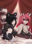  &lt;3 2016 black_hair bra breasts butt cleavage clothed clothing duo female garter_belt garter_straps hair lingerie mammal mona_(spittfire) purple_eyes purple_hair raccoon slim spittfire_(artist) underwear 